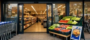 Ingang van Aldi supermarkt in Wageningen met winkelwagens en verse groenten buiten
