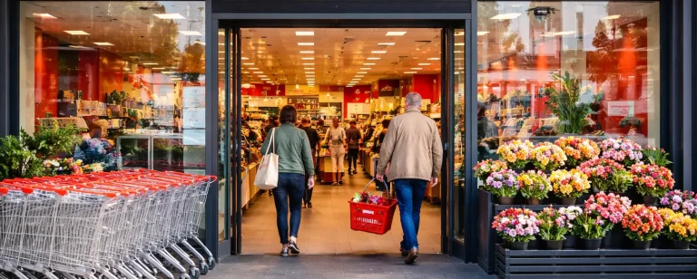 Ingang van een Dirk van den Broek supermarkt met winkelwagens