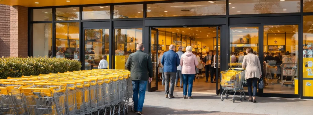 Jumbo supermarkt ingang in Wageningen met winkelwagens en gele huisstijl