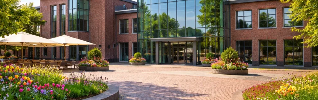 Stadhuis van Wageningen met modern glazen gevel en plein ervoor.
