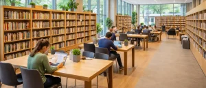 Interieur van de bibliotheek in Wageningen met boeken en leesplekken