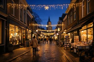 Verlichte winkelstraat in Wageningen tijdens koopavond met mensen die winkelen.