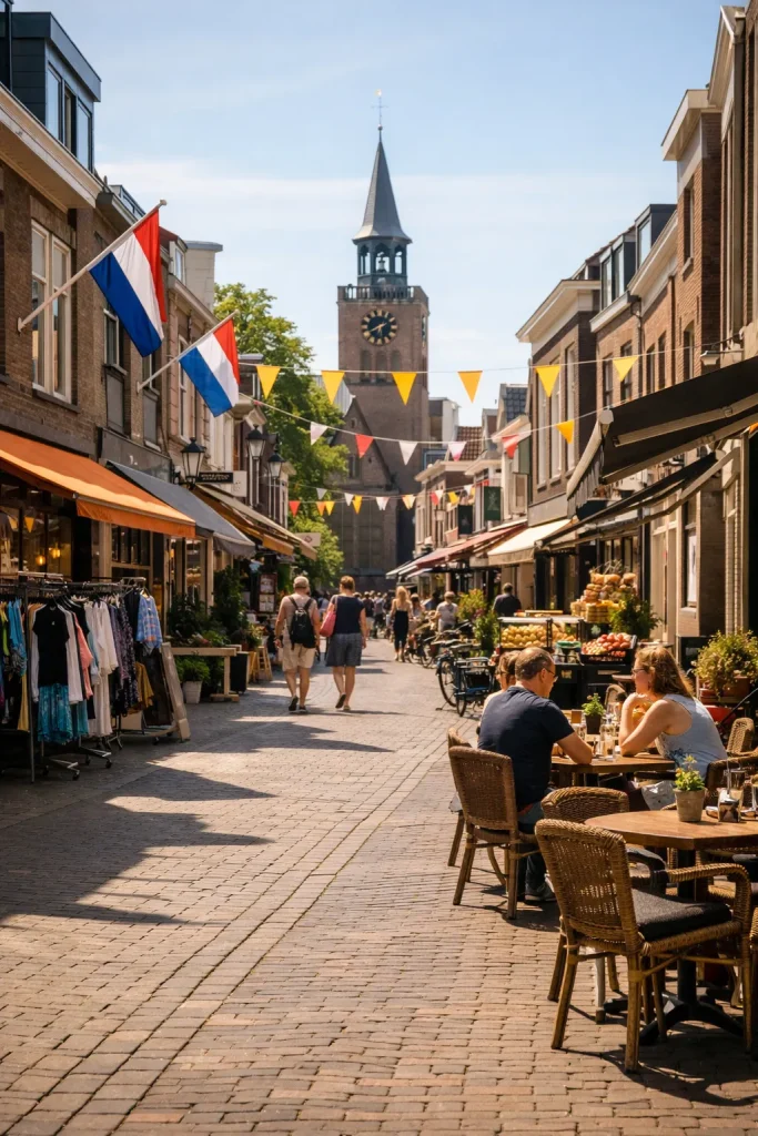 Winkelstraat in Wageningen op zondag met open winkels en bezoekers.