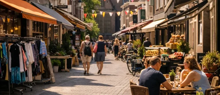 Winkelstraat in Wageningen op zondag met open winkels en bezoekers.
