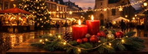 Verlichte kerstmarkt en kerstboom op een gezellig plein in Wageningen tijdens de feestdagen