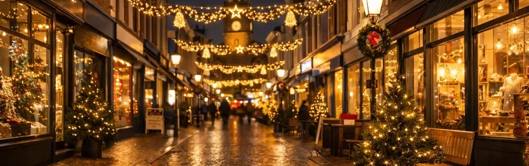 Winkelstraat in Wageningen met kerstverlichting tijdens de feestdagen