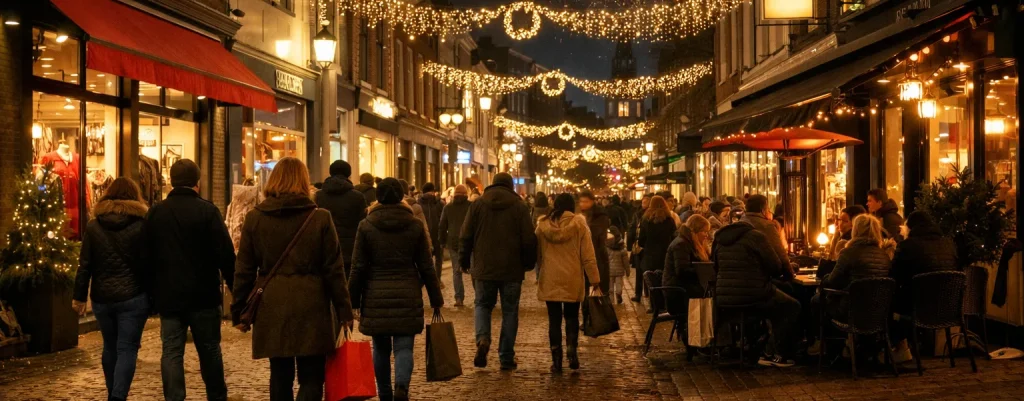 Drukke winkelstraat in Wageningen tijdens oud en nieuw met feestverlichting en mensen die winkelen in de avond.