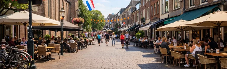 Gezellige straat met winkels en terrassen in het centrum van Wageningen.