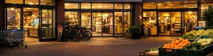Ingang van meerdere supermarkten in Wageningen bij schemering