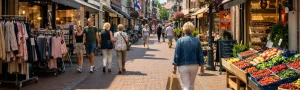 Winkelstraat met geopende winkels en mensen in het centrum van Wageningen