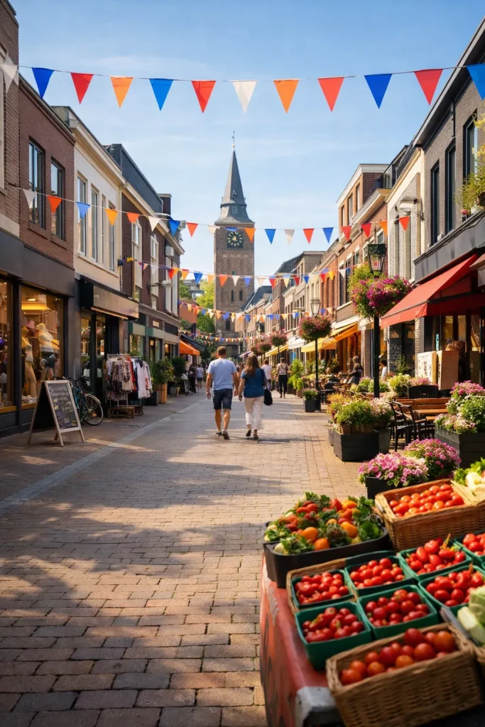 Drukke winkelstraat in het centrum van Wageningen met winkels en voetgangers