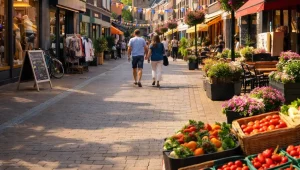 Drukke winkelstraat in het centrum van Wageningen met winkels en voetgangers