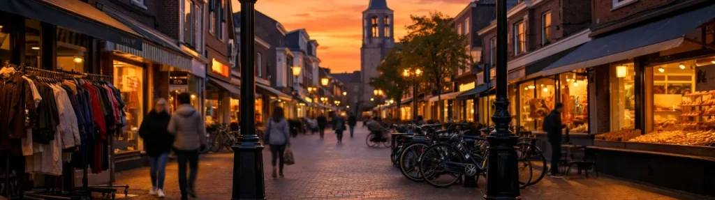 Drukke winkelstraat in het centrum met winkels, fietsen en straatlampen bij zonsondergang.