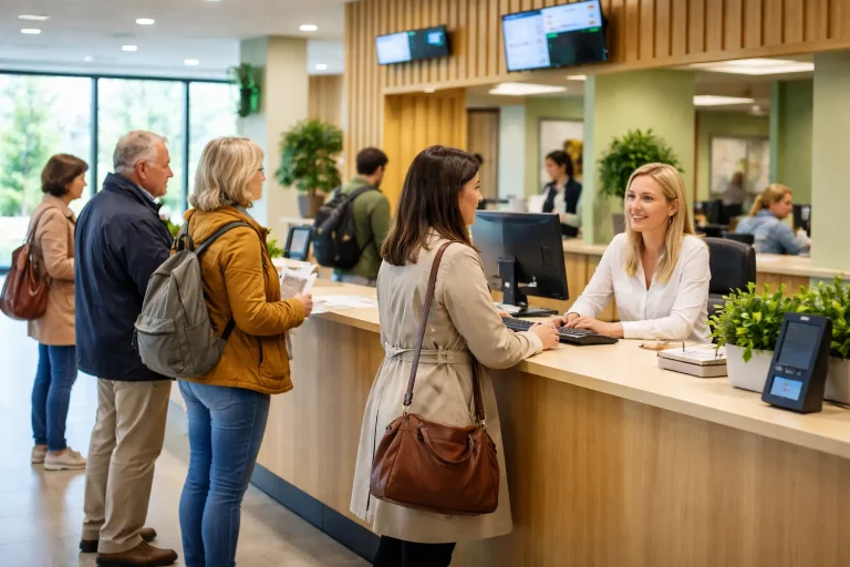 Bezoekers bij de balie van een gemeentehuis voor openingstijden informatie