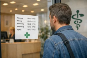 Patiënt bekijkt openingstijden van een huisartsenpraktijk in Wageningen bij de receptie