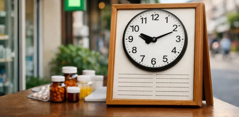 Apotheek met groene kruis en klok buiten in Wageningen