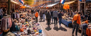 Oranje versierde straat met vrijmarkt op Koningsdag in Wageningen