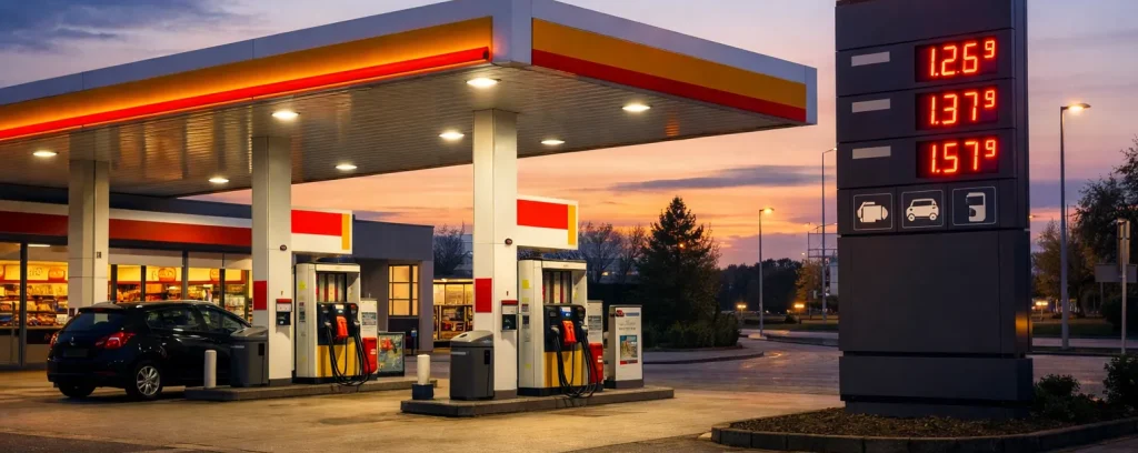 Verlicht tankstation met benzinepompen in Wageningen bij zonsondergang.