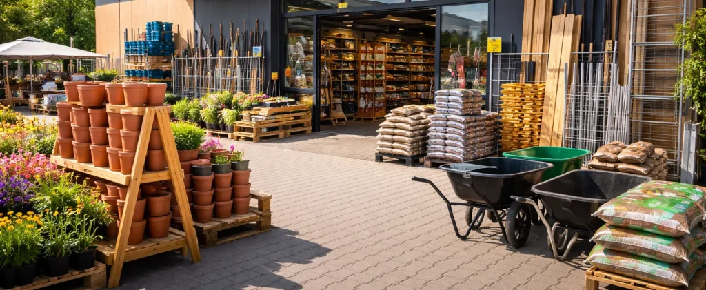 Ingang van een bouwmarkt met tuin- en bouwmaterialen in Wageningen