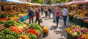 Drukke weekmarkt met kramen op het Marktplein in Wageningen